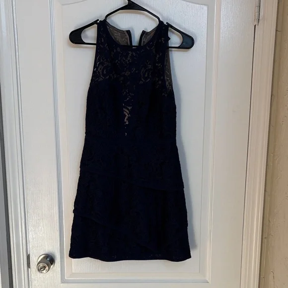 BCBGMaxAzria Navy Lace Mini Jazlyn Dress - www.threedaughtersproperties.com